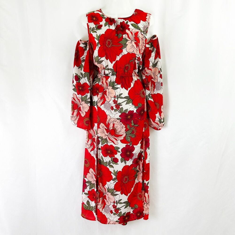 Go Coco Large-Scale Floral Print Maxi Dress (1X) Red Pink Green White Leg Slits - Picture 2 of 14